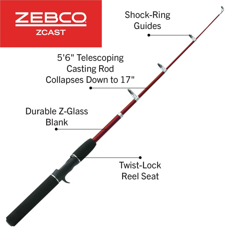 Zebco Z-Cast Casting Fishing Rod, Extendable 17-Inches to 5-Foot 6-Inch Telescopic Durable Z-Glass Fishing Pole, Comfortable EVA Rod Handle, Shock-Ring Guides, Medium Power, Red - Image 2